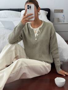 DAZY Casual Color Block Henley Neck Pullover, Soft Knit 2 In 1 Sweater For Women - Army Green - View 8