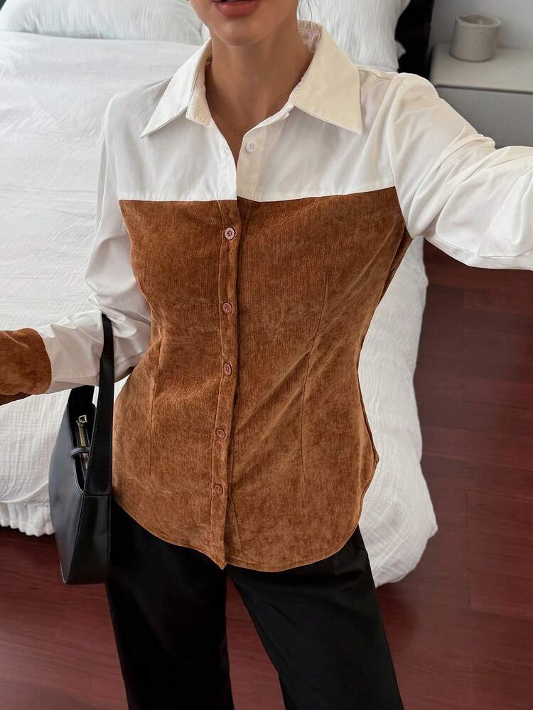 Women's Collared Color Block Patchwork Casual Shirt Long Sleeve Women