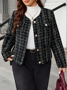 Easura Plus Size Women Plaid Long Sleeve Metal Single-Breasted Round Neck Casual Winter Jacket - Black - View 3
