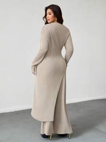 大码纯色侧开叉上衣和裤子两件套，时尚通勤，秋季 - 杏色 - 查看 3