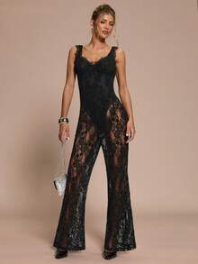 SHEIN BAE Elegante tuta nera in velluto e pizzo trasparente e sexy, adatta per cocktail festa, uscite serali, appuntamenti quotidiani, discoteche, raduni, feste, vacanze - nero - Visualizzare 3