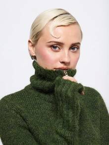 COUREZ Áo khoác cổ cao có khóa kéo, màu xanh lá cây phong cách Y2K mùa thu đông, áo cardigan đón năm mới. - Màu xanh Ô liu - Xem 7