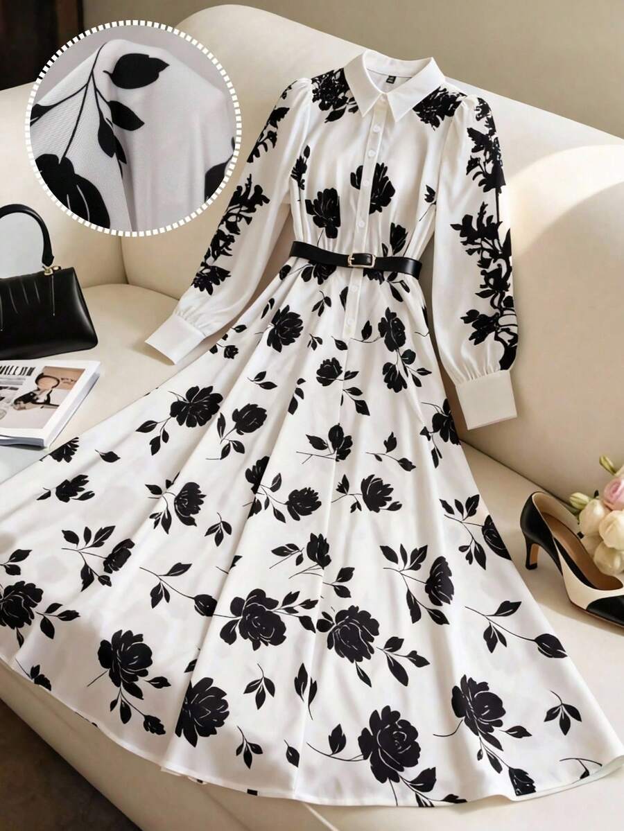 Franclia 大码女装日常休闲通勤白底黑花开衫，纽扣衬衫领腰带印花通勤秋季办公室连衣裙，白色休闲长款连衣裙，优雅秋季长裙，奶牛印花阿巴雅，迪拜优雅印花连衣裙，女士夏季连衣裙，法式连衣裙，黑白长袖印花连衣裙，女士奢华服装，白色印花连衣裙，长袖夏季连衣裙，黑白印花连衣裙，女士印花中长连衣裙 - 黑與白 - 查看 1