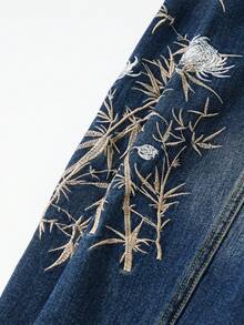 ROMWE MEN Street Life Men's Plant Embroidery Long Sleeve Single-Breasted Casual Denim Jacket - Blue - View 3