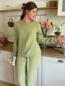 Snug Reverie Women's Solid Color Minimalist Long Sleeve Top And Pants Set, Daily Wear, Fluffy Cozy Winter Clothes - Green - View 3