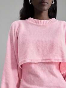 Ontre 1pc Women's Soft Pink Knitted Set,Loose Drop Shoulder Long Sleeve Cropped Top & Camisole,Wool Blend Sweater For Autumn,Casual Lounge & Holiday Party - Baby Pink - View 6