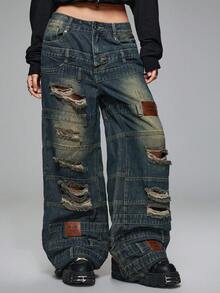ROMWE Grunge Punk Quần jeans cạp cao siêu thấp, cạp cao, rách, nhiều cạp, phong cách Grunge cổ điển - Màu xanh lam - Xem 1