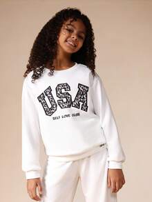 SUMWON Conjunto de sudadera con capucha y pantalón de chándal para niñas con estampado de leopardo y texto "USA" para uso casual en el hogar - Blanco - Ver 4