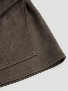 Sweetra Plus Size Suede Pleated Asymmetric Zipper Decor Minimalist Commuter Short Skirt, Brown, Autumn/Winter - Brown - View 4