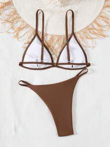 Swim Vcay Women's Solid Color Sexy Low-Waist Triangle Cup Bikini Swimwear Set - Brown - View 2