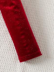 SHEIN Tween Girl Elegant V-Neck Long Sleeve Velvet Glitter Christmas Holiday Waist Cinched Midi Dress - Red - View 2