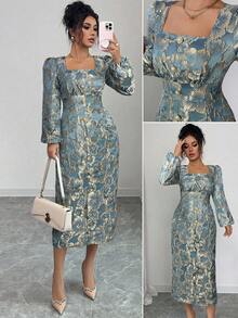 Elenzga Váy midi cổ vuông tay dài thắt eo bằng vải jacquard kim loại thanh lịch cổ điển có nút ngọc trai và xẻ tà phía trước - cái hồ màu xanh - Xem 3