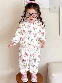 SHEIN 可爱蝴蝶结印花粉色学院风法式复古甜美女宝宝休闲宽松舒适柔软针织连帽衫和运动裤套装适合秋冬 - 彩色 - 查看 5