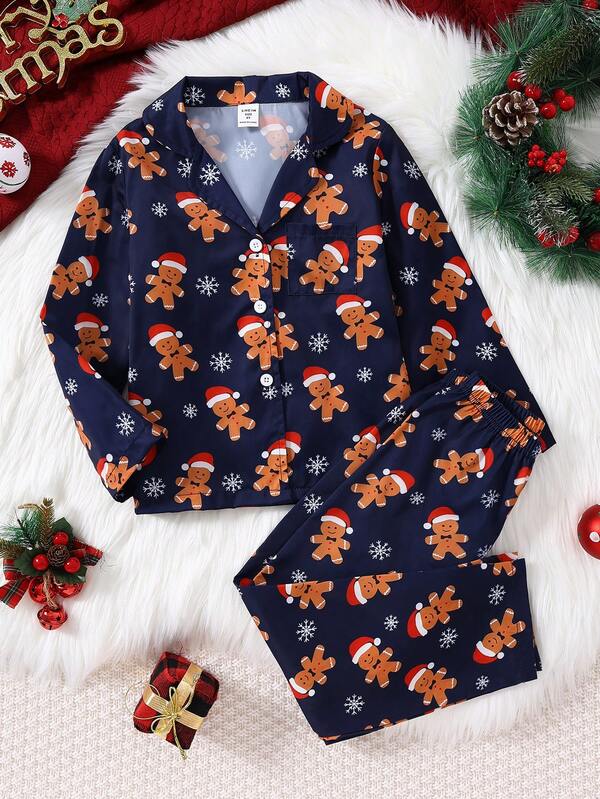 SHEIN 4 Stücke Jungen Weihnachten Lebkuchenmann Muster Burgunder Langarm Strickjacke und Hose Pyjama Set, bequeme lässige Familie Matching Outfits