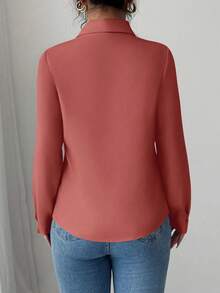 Elenzga Women's Solid Color Minimalist Long Sleeve Shirt, Casual Everyday Wear - Redwood - View 2