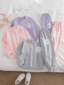 Genkimix Kids 3件/6件套女童雏菊印花宽松落肩卫衣搭配同色运动裤，灰色/粉色/紫色组合，秋季休闲运动套装 - 彩色 - 查看 1