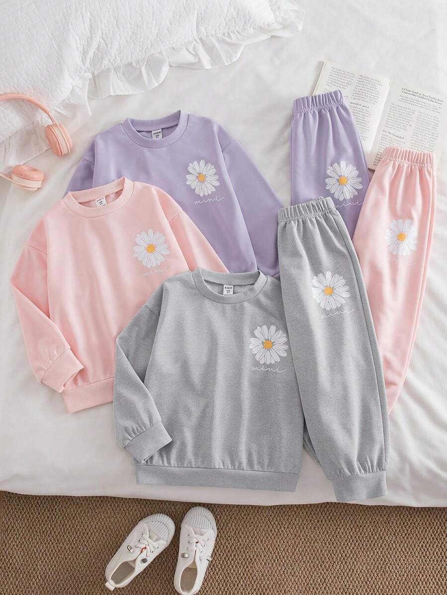 Genkimix Kids 3件/6件套女童雏菊印花宽松落肩卫衣搭配同色运动裤,灰色/粉色/紫色组合,秋季休闲运动套装 - 彩色 - 查看 1