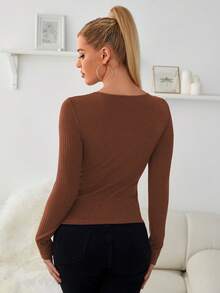 Islaluna Women's Casual Solid Color Ribbed Long Sleeve T-Shirt - Brown - View 2