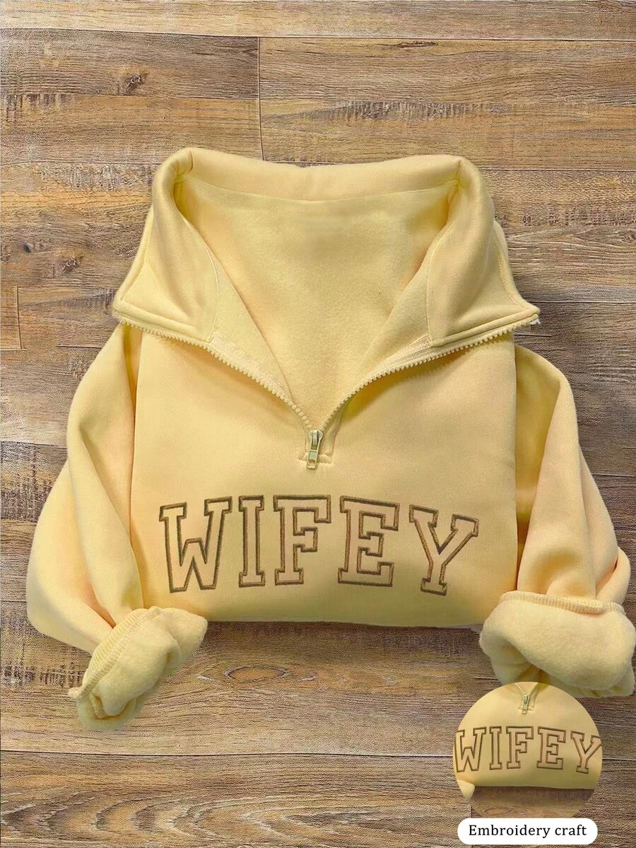 INAWLY 1pc "Wife" Embroidered Quarter Zip Sweatshirt, Embroidered Slogan Graphic Sweatshirt - Yellow - View 1