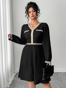 Elenzga Plus Size Women's Black And Gold Elegant Artistic Dress,Autumn Versatile Office Commuter Dress For Graduation,Holidays,Music Festivals,Parties,Dates - Black - View 6
