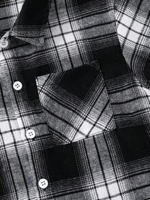 SHEIN 儿童/男孩休闲格子领贴袋前开宽松梭织衬衫，适合通勤、上学、日常休闲、旅行、运动、春夏/秋冬