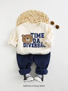 Cozy Pixies 2件套男婴小熊刺绣圆领长袖卫衣和运动裤套装，适合秋冬季节，男婴冬季服装套装，带小熊图案的男童卫衣套装，男婴休闲装 - 彩色 - 查看 1