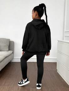 SHEIN NovaGlow 青少年女孩休閒哥德街頭風骷髏眼圖案印花連帽衛衣與內搭褲套裝，黑色，適合 - 黑色 - 查看 2