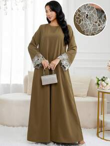 Al Najma Váy phong cách Ả Rập tay thêu giản dị bảo thủ dành cho nữ - màu nâu - Xem 3