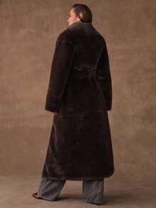 SHEIN BAE 女士时尚仿皮草饰边长款大衣，秋冬 - 黑色 - 查看 2