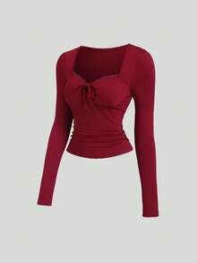 Sweetra Women's Burgundy Square Neck Lace Long Sleeve Fitted T-Shirt, Spring/Autumn - Burgundy - View 3