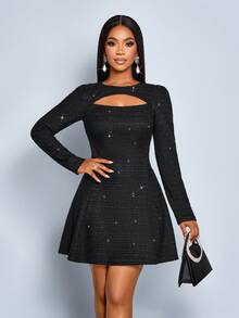 SOLERSUN Women's Black Autumn Elegant Slim Hollowed-Out Collar A-Line Dress,Perfect For Dinner Date,Party And Winter Daily Wear Fall - Black - View 7