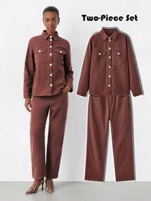 Maija 女士休闲通勤牛仔上衣和裤子套装 - 棕色 - 查看 2