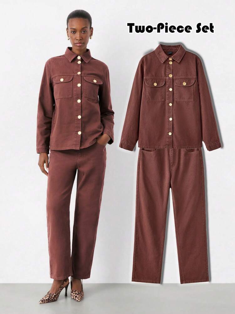 SHEIN Maija Women's Brown Denim Winter Two-Piece Suit: Long-Sleeved Shirt And Tapered Pants Old Money Style Thanksgiving Set