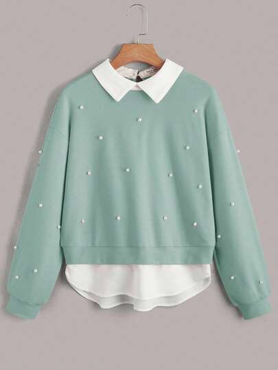 SHEIN Teen Girls' Casual Versatile Knit Color Block 2 In 1 Teen Girls Sweatshirts Green Casual Tops For Girls Cute Fancy Tops Teen Teen Girls Long Sleeve Shirts With Collar Blouses For Teenage Girls