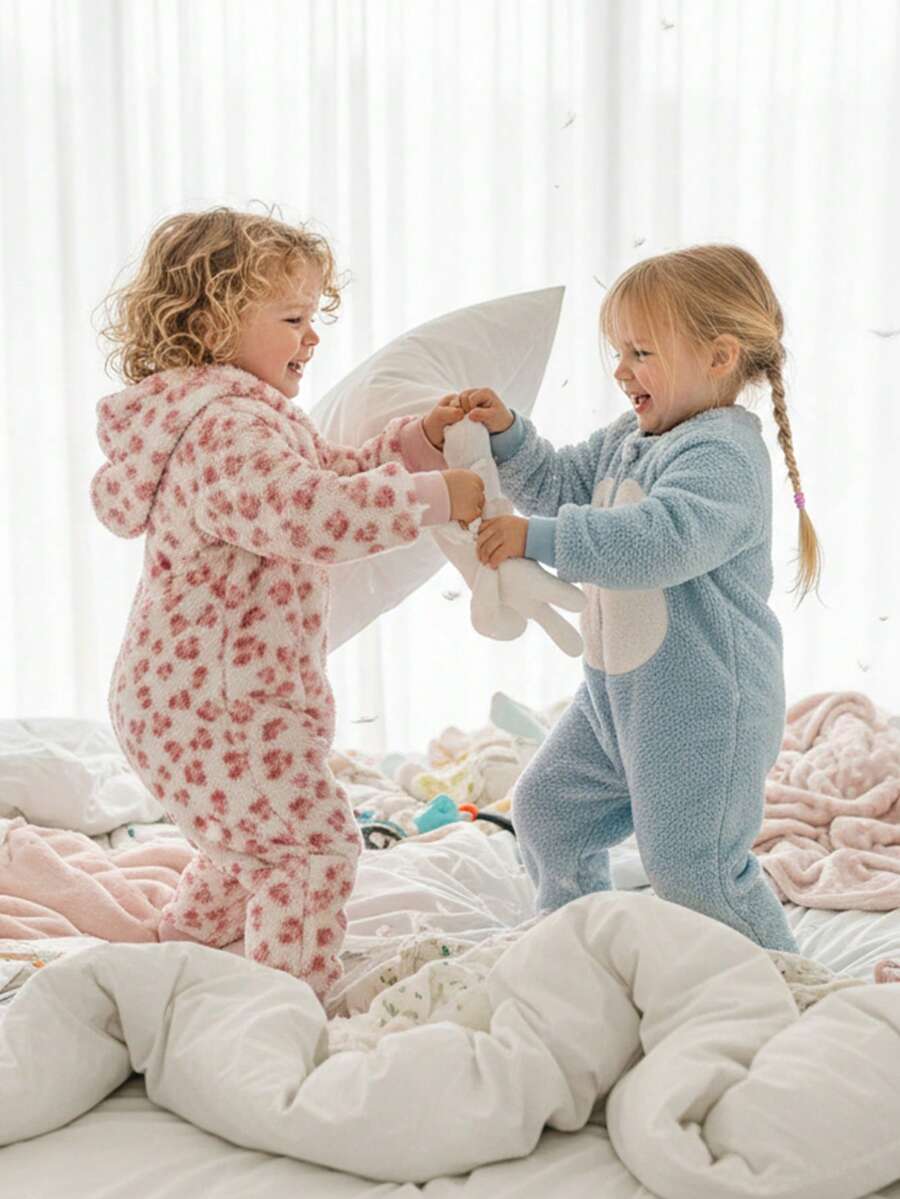 女童豹纹羊毛连体裤，长袖和长腿，休闲家居服 - 粉色 - 查看 1