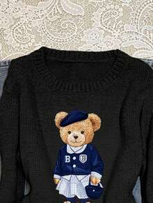 SHEIN EZwear Áo len họa tiết gấu thường ngày dành cho nữ, phù hợp cho mùa thu/đông - màu đen - Xem 3