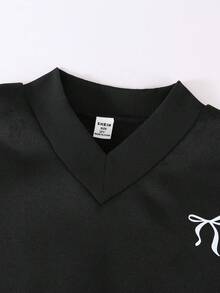SHEIN 女童休闲纯色针织羊毛V领落肩拼接卫衣，舒适秋冬装 - 黑色 - 查看 7