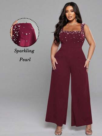 NU&NOW 加大码优雅性感派对紧身衣，配有奢华珍珠装饰，修身