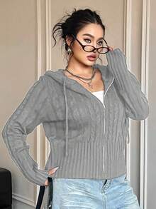 POPSWAY Plus Size Women Cable Pattern Long Sleeve Zip-Up Drawstring Hooded Casual Cardigan, Autumn/Winter - Grey - View 3