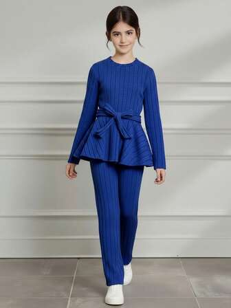 SHEIN Tween Girl Ribbed Ruffle Hem Long Sleeve Top And Pants 2Pcs Set