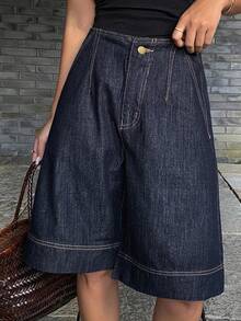 DAZY 女士常规中腰宽松都市休闲牛仔短裤 Y2k - 深色水洗藍 - 查看 2