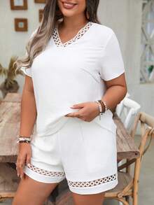 Linhara Plus Size Women Solid Color V-Neck Ruffle Trim Casual Daily Elegant Summer Short Sleeve Set - White - View 4