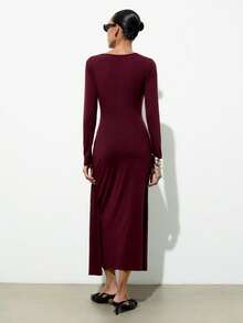 Maija Vestido elegante de cor sólida para mulher, adequado para festa, vestido bordô para mulher, vestido de manga comprida, vestido castanho-avermelhado, vestido vinho - Borgonha - Ver 4
