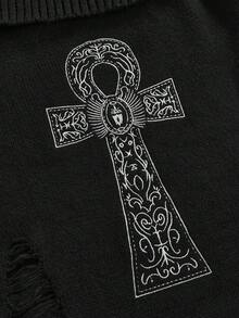 ROMWE Goth Plus Size Women Punk Distressed Ankh Cross Embroidery Off Shoulder Fitted Sweater - Black - View 2
