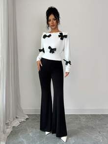 Elenzga Bộ 2 trang phục đi làm thanh lịch: Áo cổ lệch đính nơ và quần ống loe - màu nâu - Xem 3