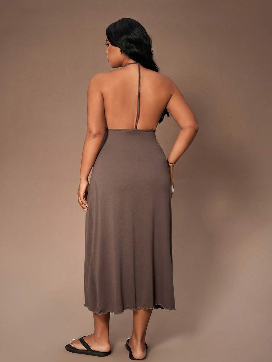 Lazeform 女式加大码 V 领露背超长睡袍 - 棕色 - 查看 1