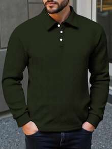 Calvornis Camisa polo de manga larga de unicolor casual para hombres de talla grande - Verde militar - Ver 3