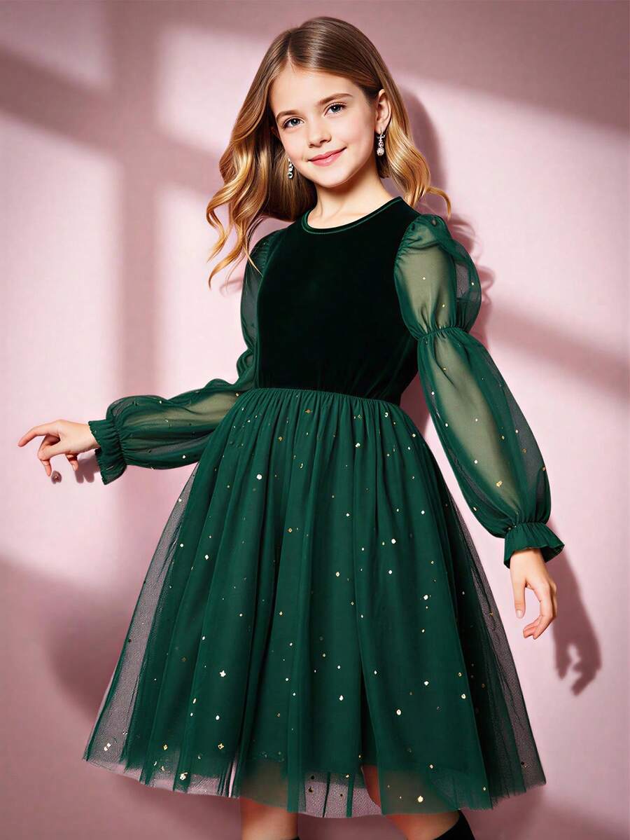 SHEIN Robe de soirée élégante pour filles en velours avec manches en maille contrastée, col rond, manches longues et ourlet pailleté. Convient pour les sorties, les rassemblements et les banquets - Vert sapin - Voir 1