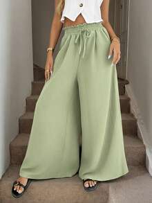 Easowa Quần ống rộng màu trơn thoải mái, đơn giản, thoải mái, dành cho nữ, quần công sở, quần đi làm, quần đi chơi, quần đi làm, quần đi làm văn phòng, quần đi chơi sân bay, quần Palazzo, phong cách Old Money - màu xanh lá - Xem 4