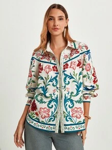 CAJUNI 女式休闲度假花卉印花长袖衬衫上衣，秋季约会装，热带风情，波西米亚风 - 彩色 - 查看 7